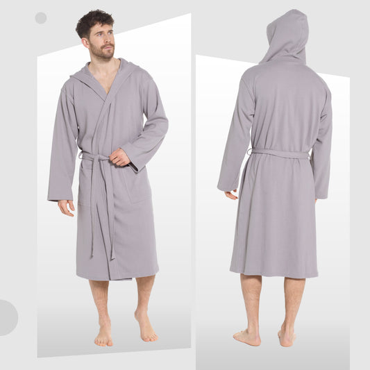 Men’s Hooded Waffle Cotton Bathrobe Grey Super Absorbent Spa Robe Luxury Dressing Gown for Home & Loungewear