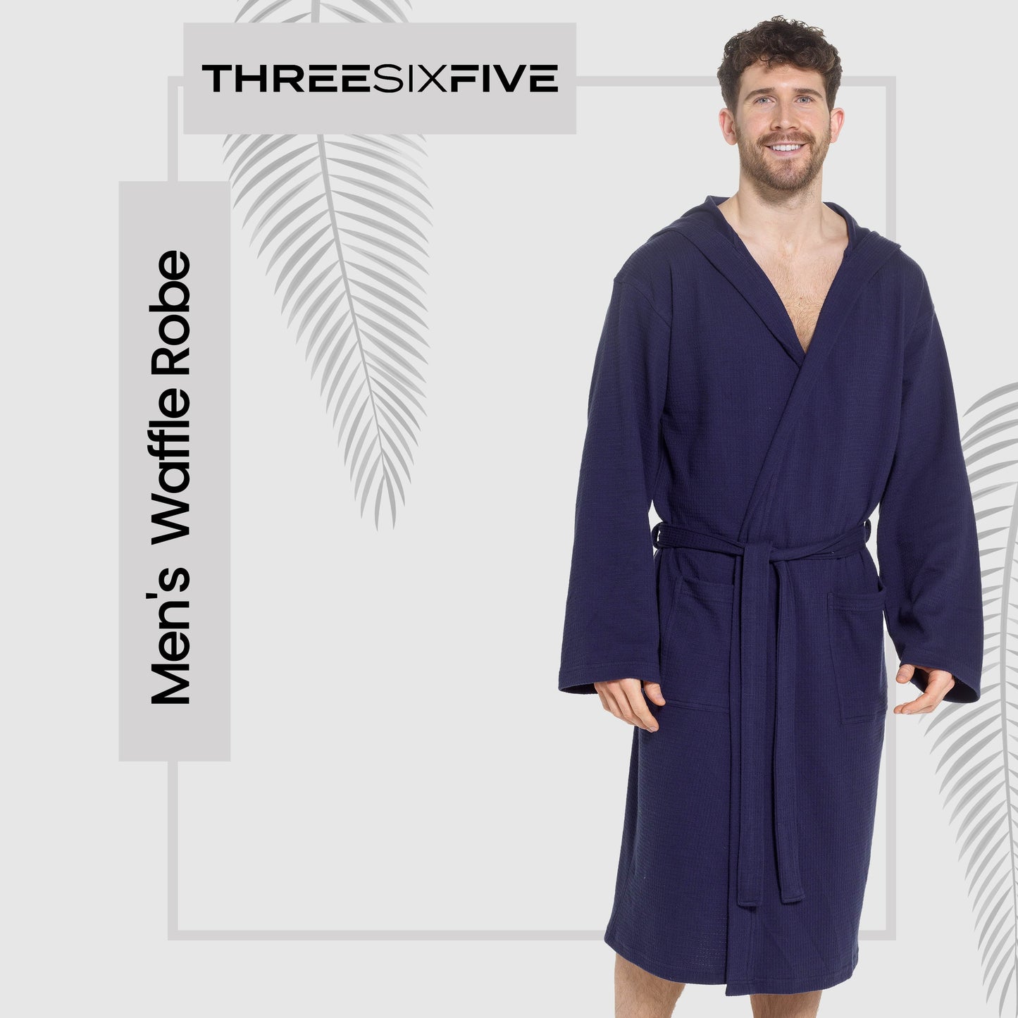 Men’s Hooded Waffle Cotton Bathrobe Navy Super Absorbent Spa Robe Luxury Dressing Gown for Home & Loungewear