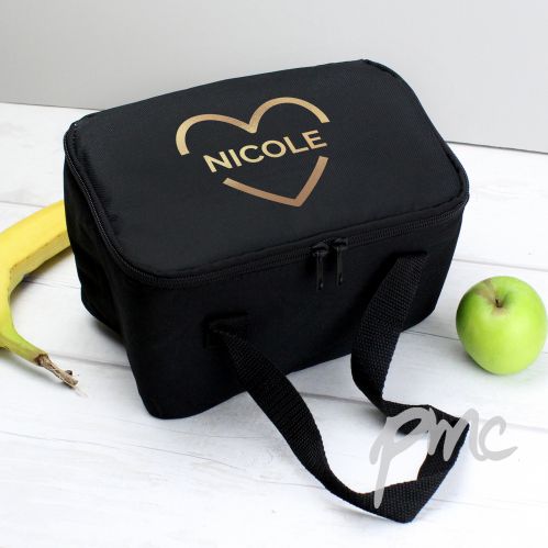 Personalised Gold Heart Black Lunch Bag