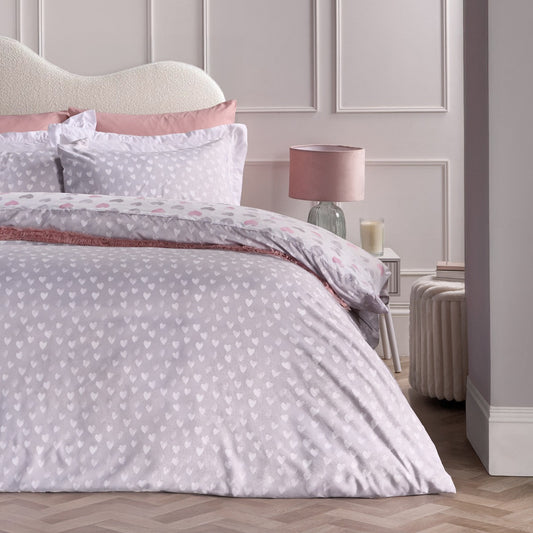 Heart Print Reversible Watercolour Duvet Cover Set - Pink/Grey