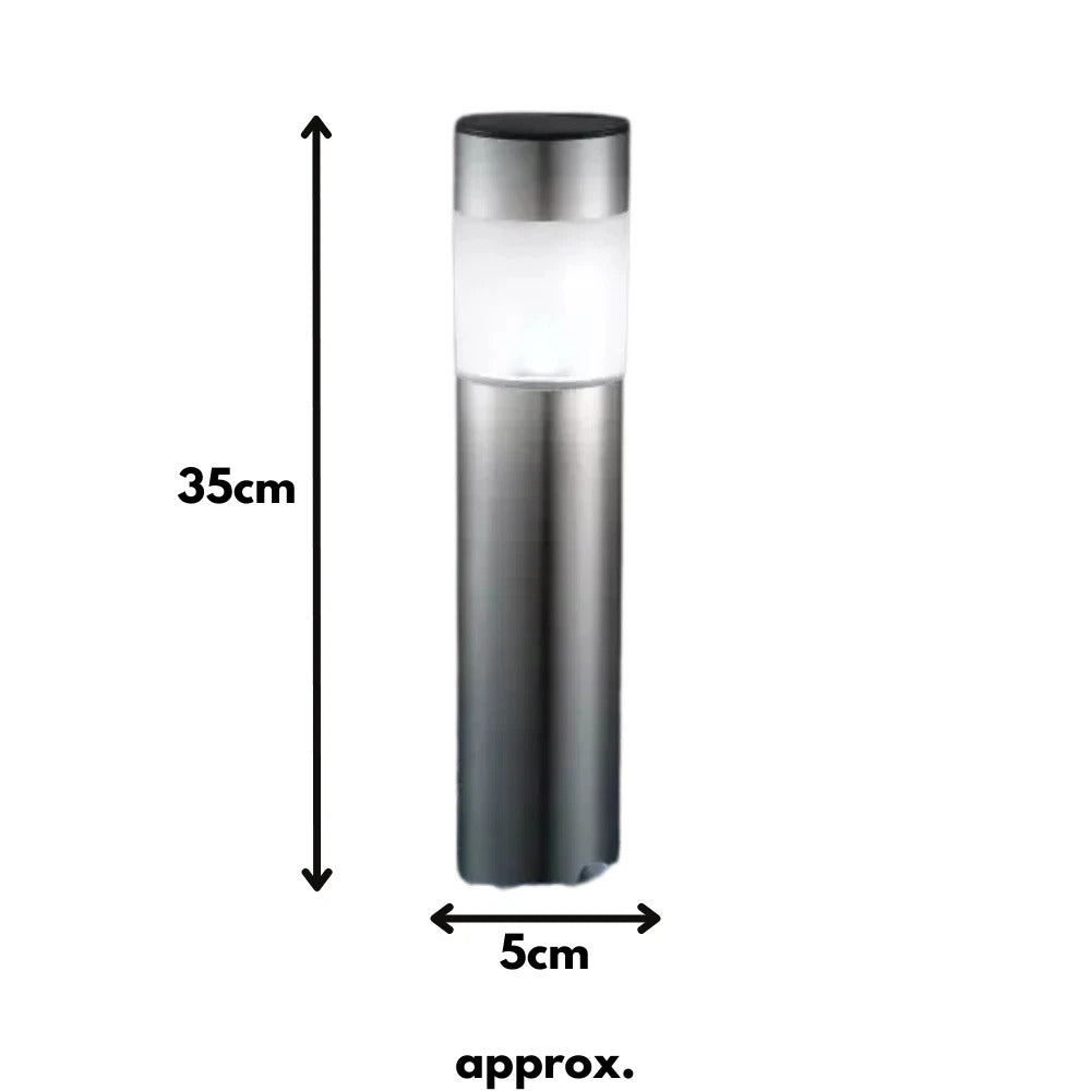 Solar LED Bollard Lights 4pc Set Light Up Stake Lamps Garden Silver Large 35cm