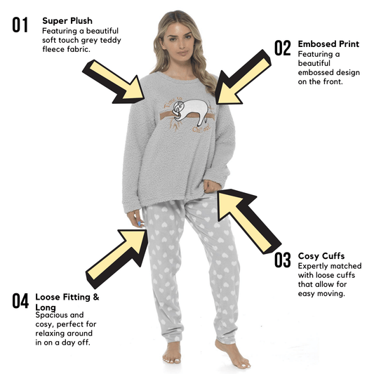 Women's Cosy Sloth Teddy Fleece Pyjama Set - Large