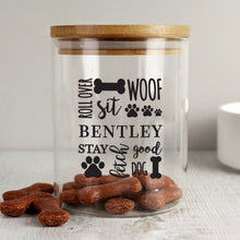 Load image into Gallery viewer, Personalised Glass Dog Treat Jar with Bamboo Lid