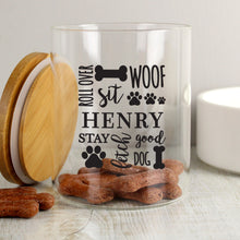 Load image into Gallery viewer, Personalised Glass Dog Treat Jar with Bamboo Lid