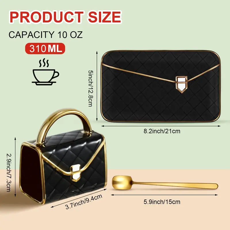 10oz Ceramic Coffee Cup, with Spoon and Plate Handbag Shape