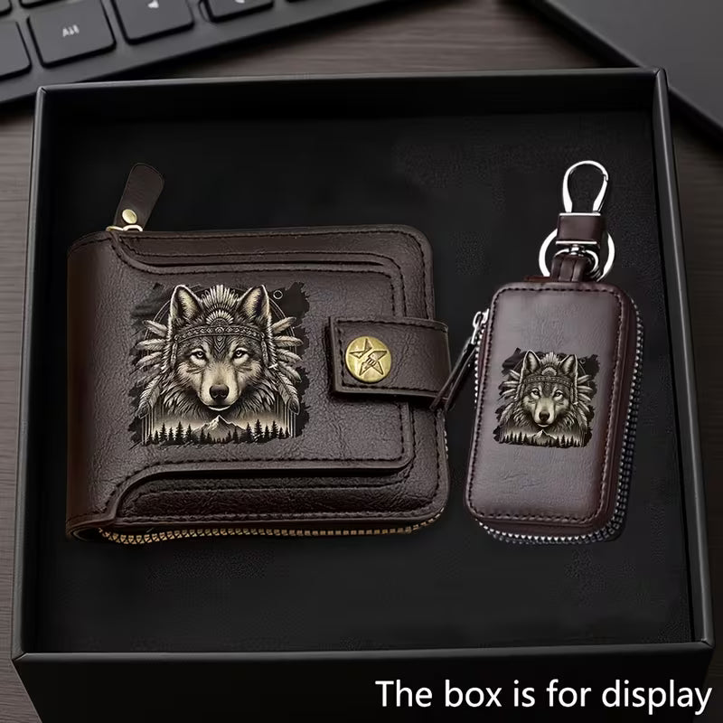 2pcs Set Grey Wolf Print Design Fashion Business Wallet + Key Case Combo Set