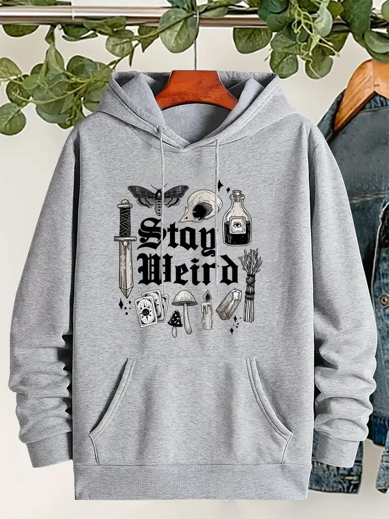 Cozy Gothic Mushroom & Wine Bottle Graphic Hoodie with Drawstring