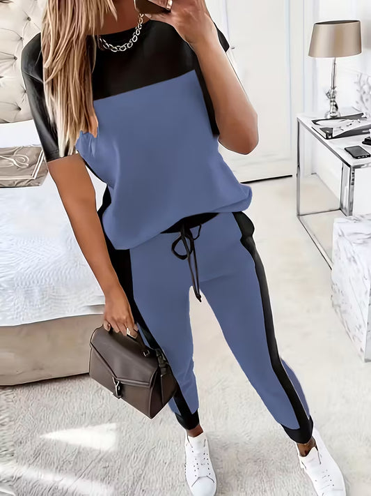 Casual Elegant Color Block Round Neck Long Sleeve T-Shirt and Pants Two-Piece Set