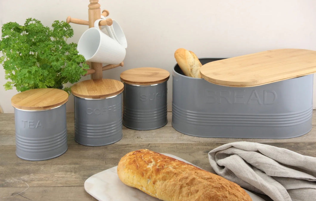 Set of 4 Tea,Coffee,Sugar & Bread Bin Storage Canisters Jar With Bamboo Lid,Grey