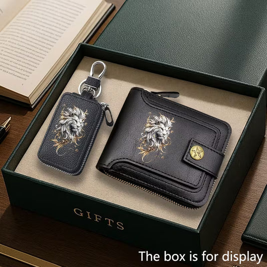 2pcs Lion Print Wallet and Key Case Set