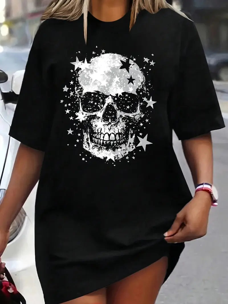 Summer Casual Women'S Oversized Crew Neck T-Shirt with Skull Print