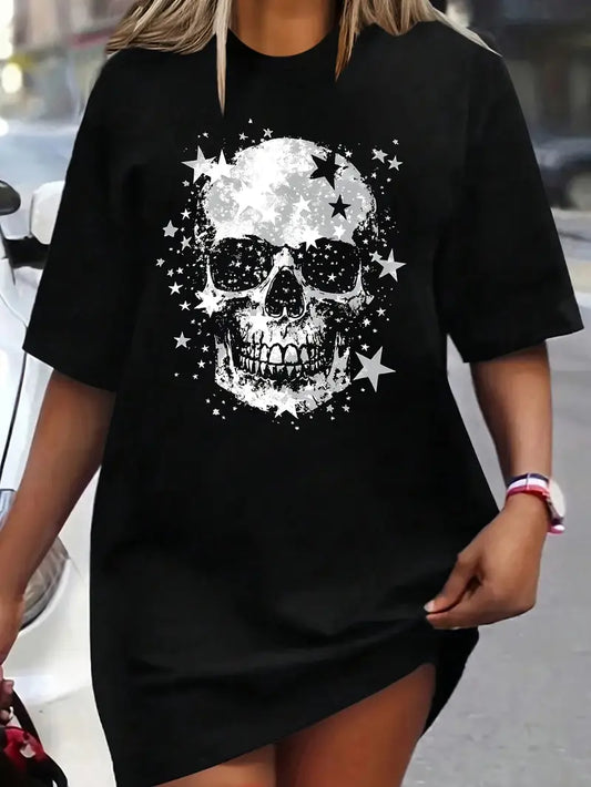 Summer Casual Women'S Oversized Crew Neck T-Shirt with Skull Print