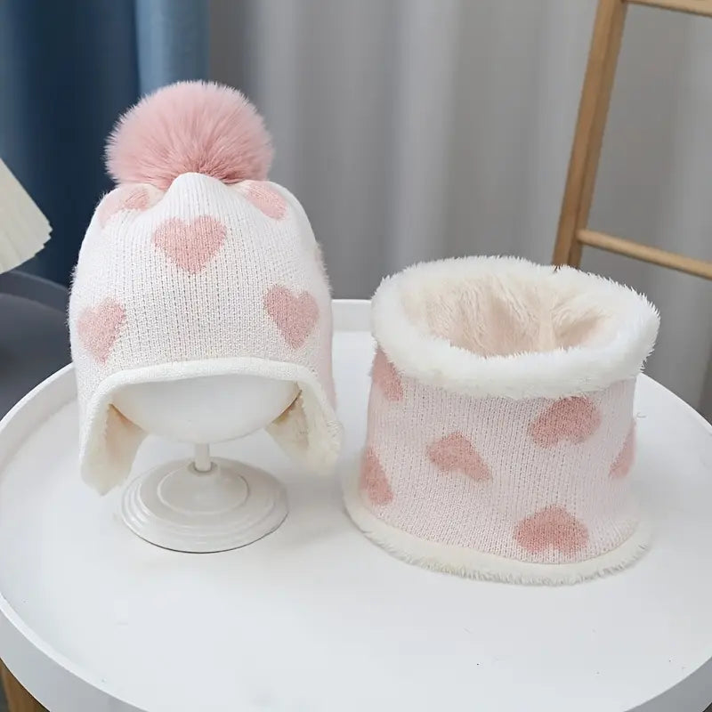 Girls Heart Cozy Fleece-Lined Knit Hat Set