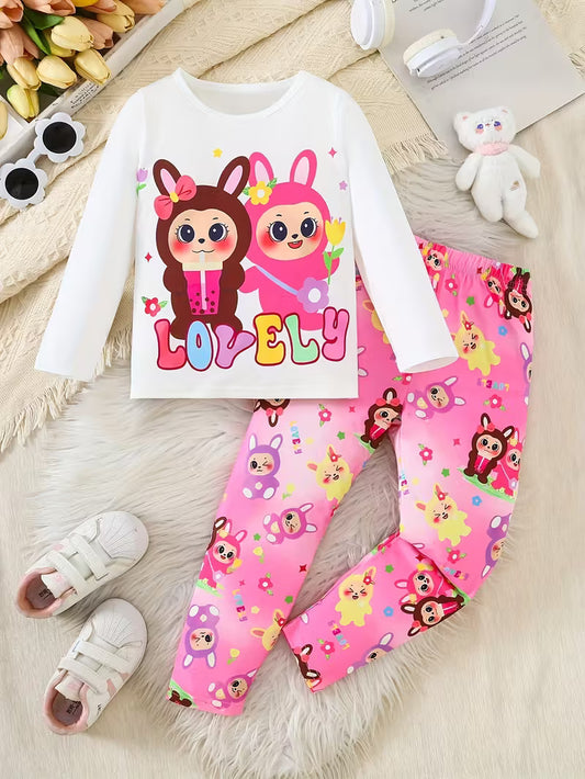 Girls' Long Sleeve White Top with Cute Cartoon Print and Full-Print Slim Fit Pants