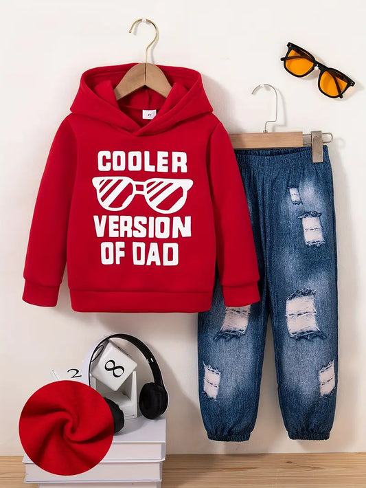 Boys' Casual Long Sleeve Hoodie and Pants Set with "COOLER VERSION OF DAD" Print
