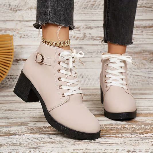 Women'S Beige Chunky Heel Ankle Boots with Side Zipper