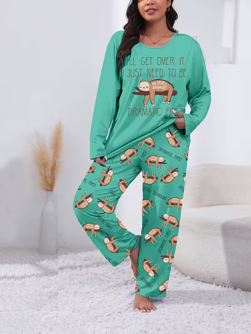 Plus Size Cute Sloth Print Long Sleeve Pyjamas
