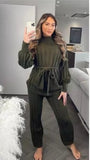 Womens Knitted Tie Up Palazzo Trouser High Neck Lounge Wear Ladies Tracksuit Set