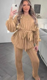 Womens Knitted Tie Up Palazzo Trouser High Neck Lounge Wear Ladies Tracksuit Set