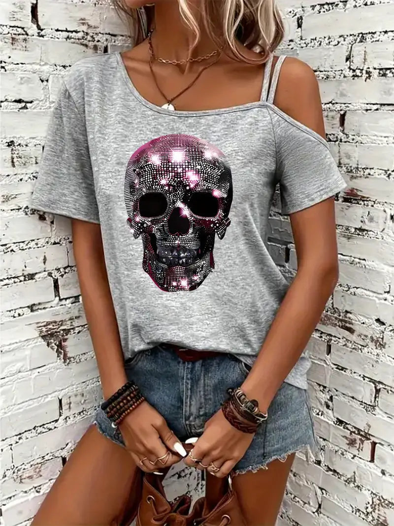 Women's Sexy Off-Shoulder Graphic Print Skull T-Shirt