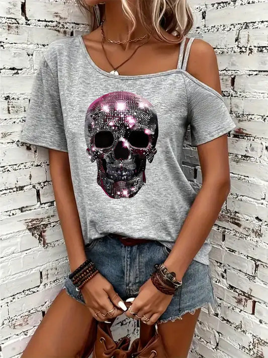 Women's Sexy Off-Shoulder Graphic Print Skull T-Shirt