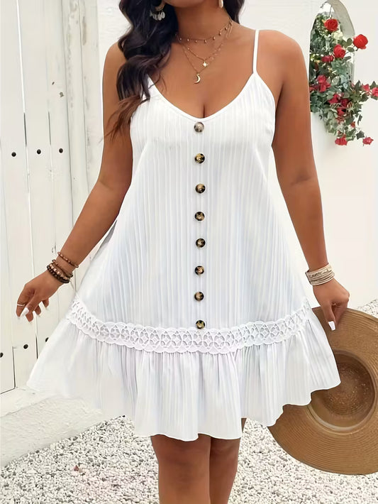 Plus-size V-neck Sleeveless Front-button Hem Floral Ruffle Texture Slip Dress