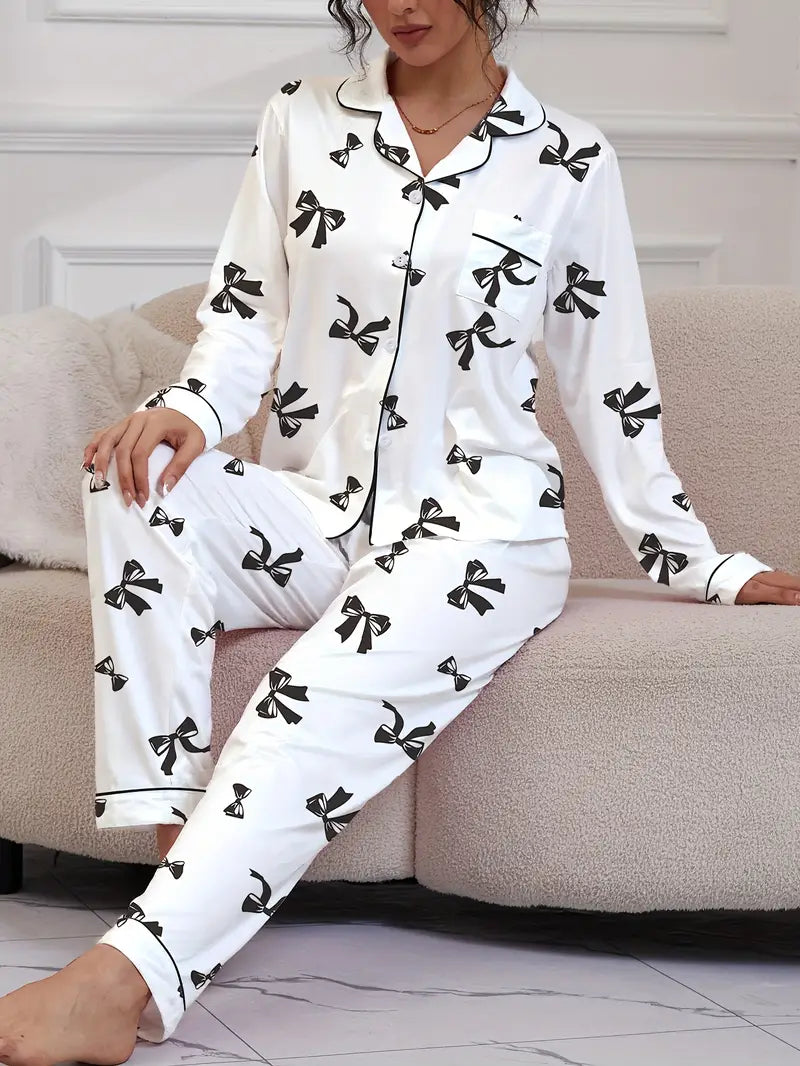2pcs Cute Bow Print Women'S Pajama Set