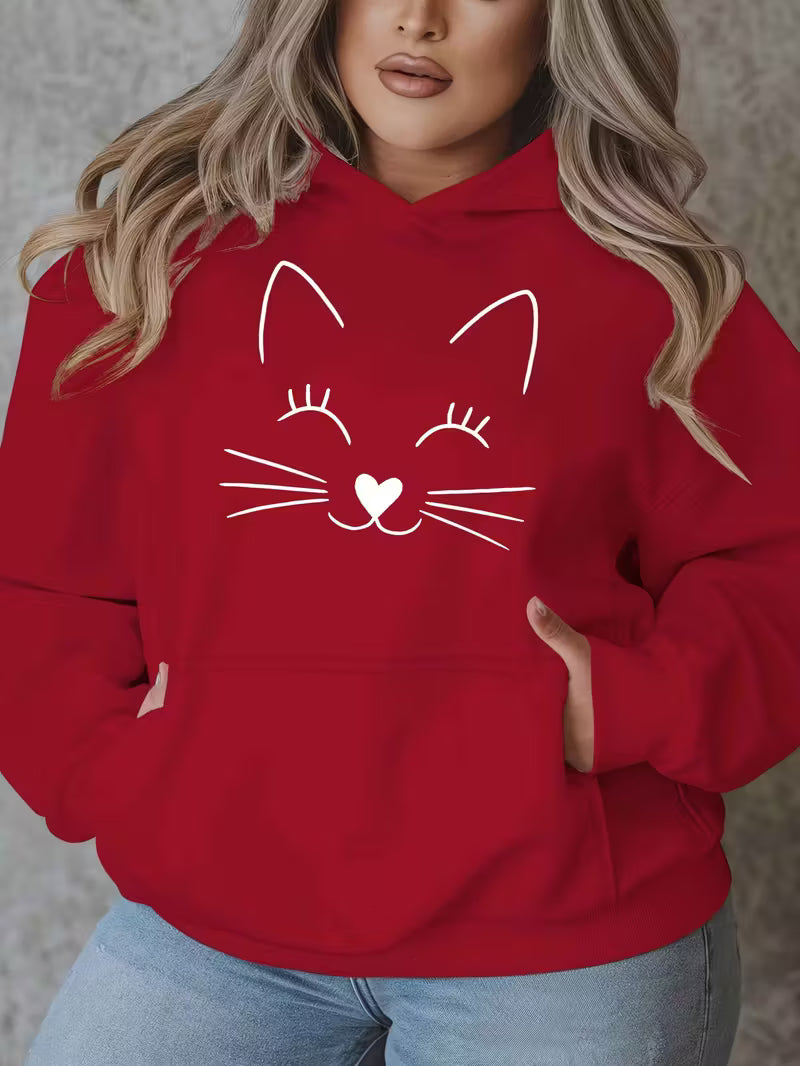 Women'S Plus Size Smiling Cat Graphic Hoodie