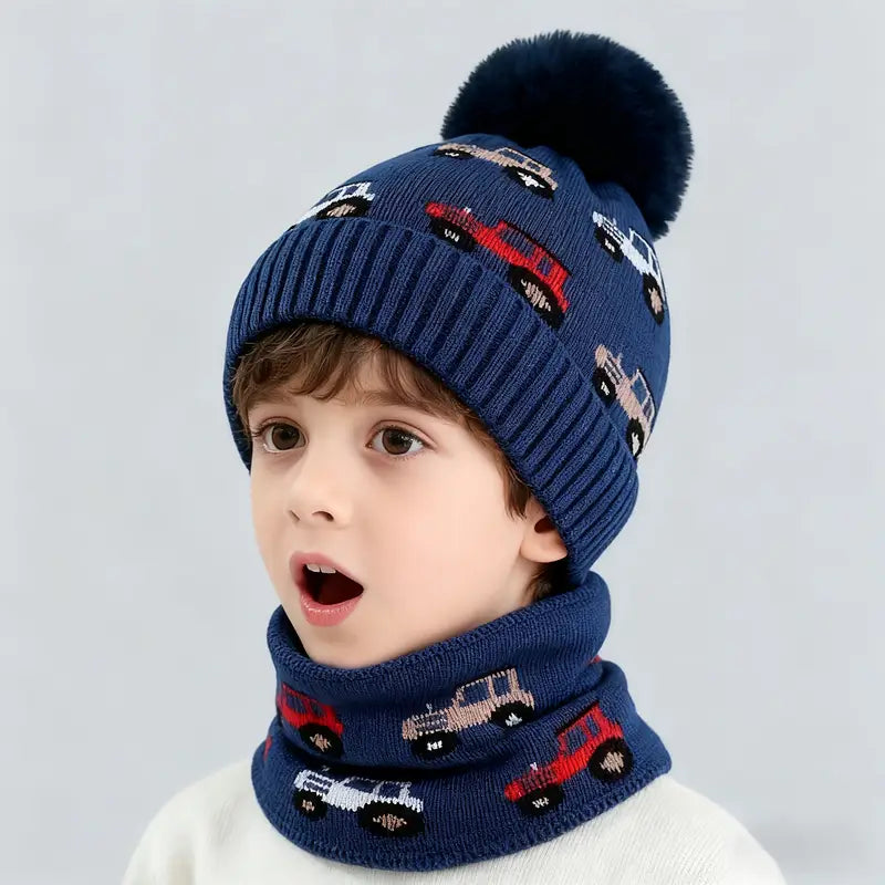 2pcs Cartoon Car Knitted Hat and Scarf Set