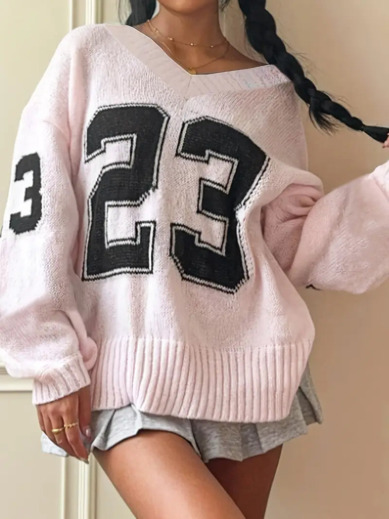 Women's Elegant V-Neck Sweater with Ribbed Detailing & Letter Print