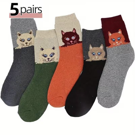 5 Pairs Warm Cat Crew Socks