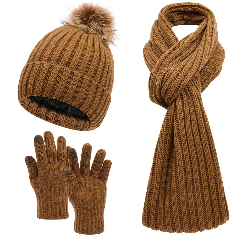 Cozy 3pcs Winter Set - Fleece-Lined Knit Beanie, Scarf & Gloves