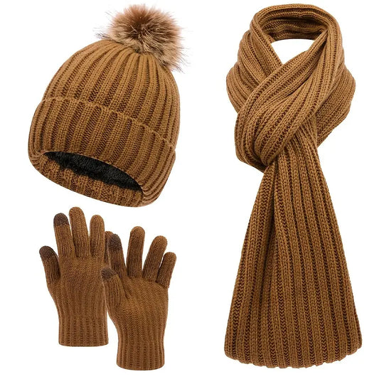 Cozy 3pcs Winter Set - Fleece-Lined Knit Beanie, Scarf & Gloves