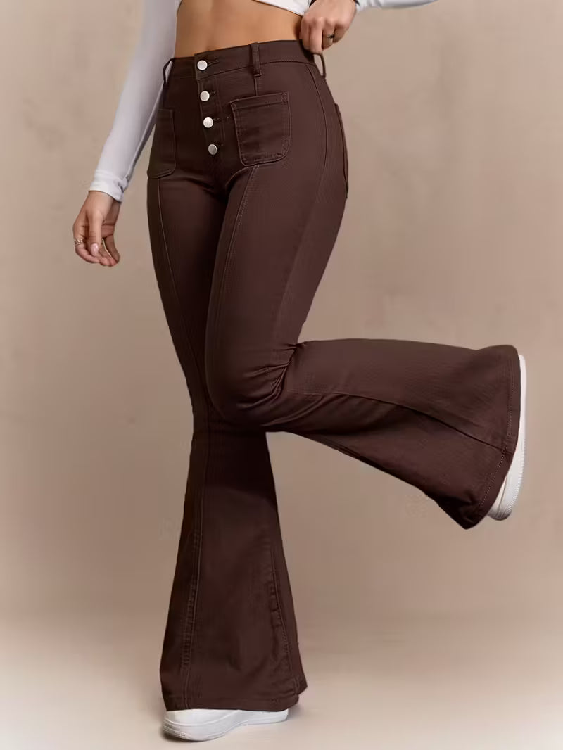 Women'S High-Waist Stretch Denim Flare Jeans with Multiple Button Details