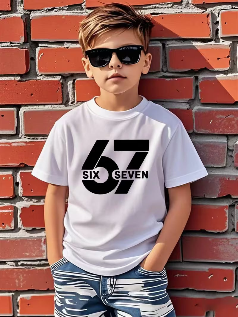 Boys' Casual Short Sleeve T-Shirt with "SIX SEVEN" Print