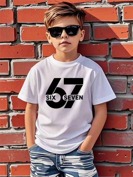 Boys' Casual Short Sleeve T-Shirt with "SIX SEVEN" Print