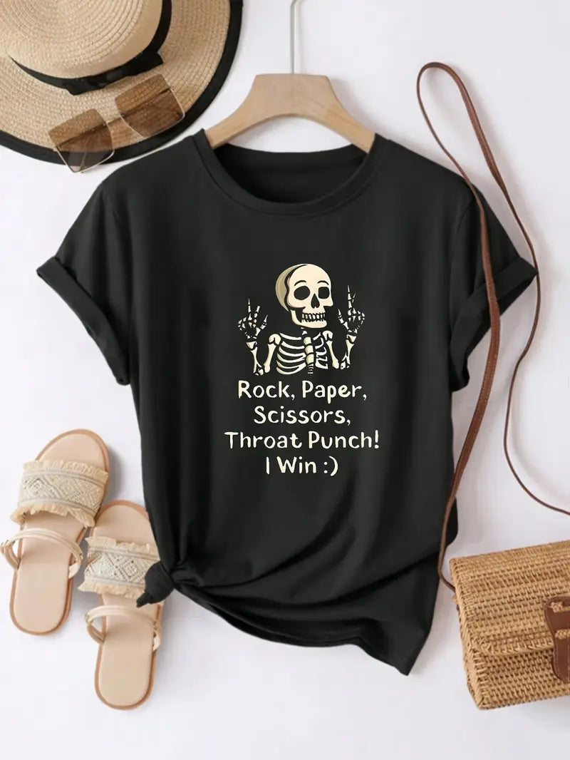 Women's Funny Skeleton Rock Paper Scissors Graphic Tee - "Throw - Win!" Text - Black Shirt