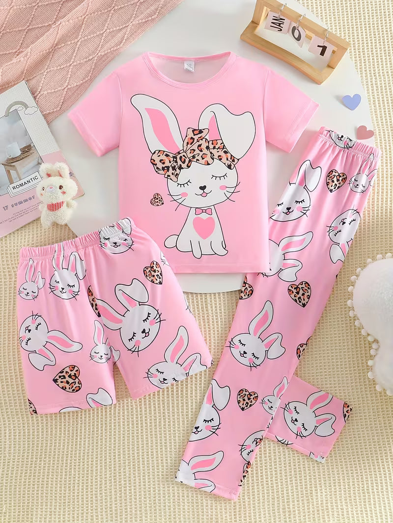 3pcs Girls' Cute Bunny Print Pajama Set