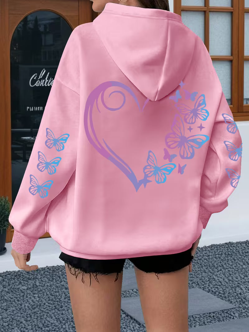 Women's Plus-Size Butterfly & Heart Print Hoodie