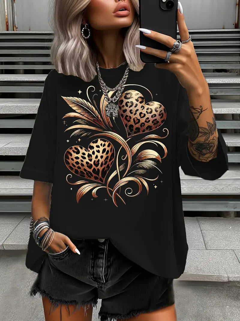 Women'S Plus Size Leopard Heart Print T-Shirt
