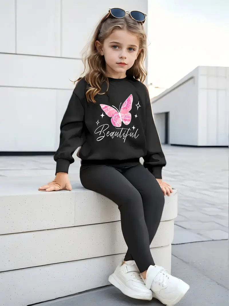 Girls' Casual Print Outdoor Sports Sweatshirt + Solid Color Leggings