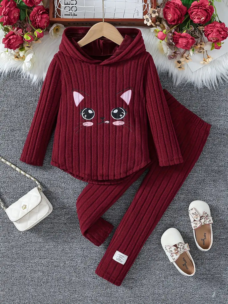 Cute Cat Face Girls' Hoodie and Pants Set
