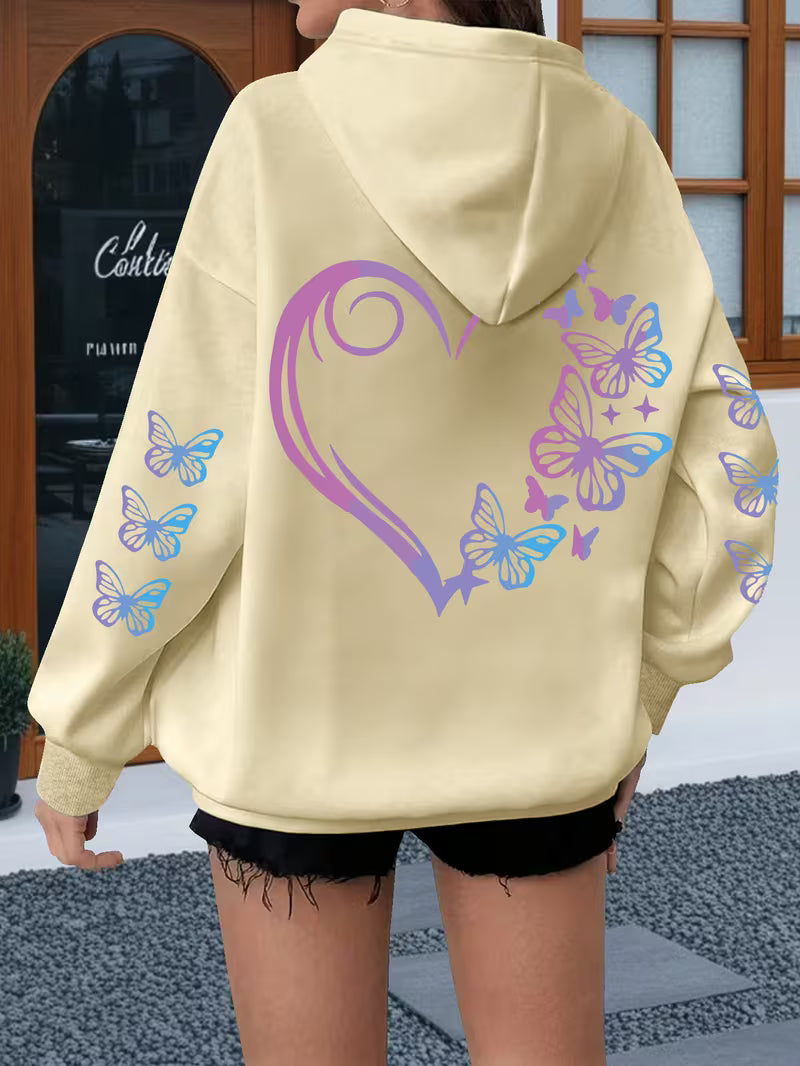 Women's Plus-Size Butterfly & Heart Print Hoodie