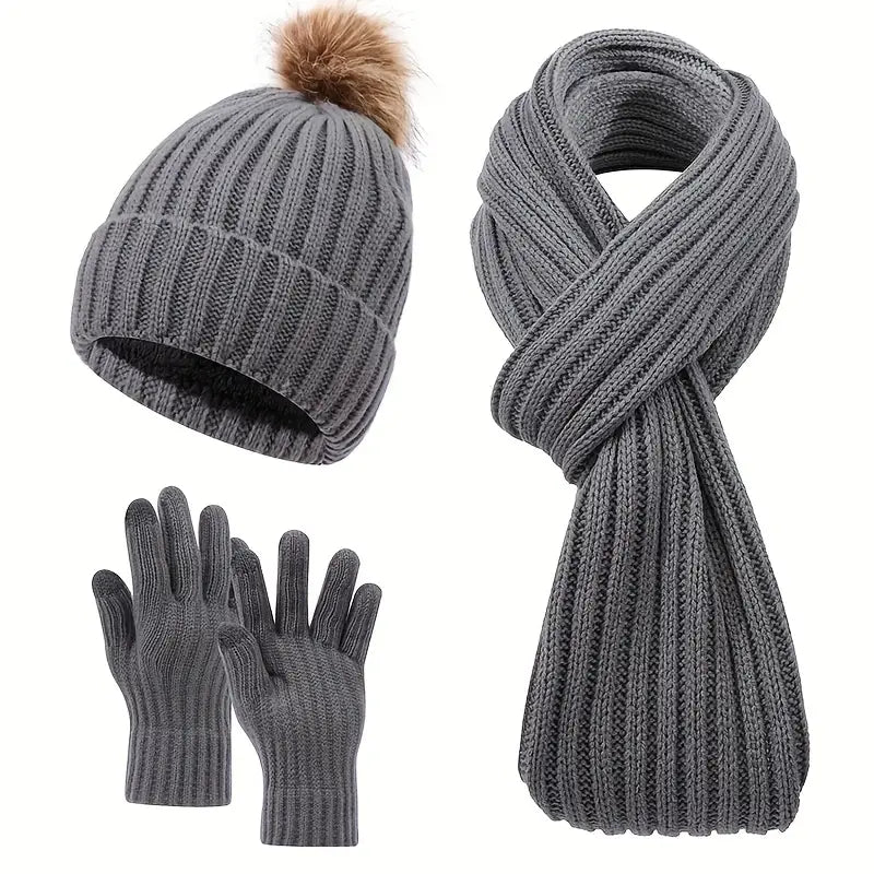 Cozy 3pcs Winter Set - Fleece-Lined Knit Beanie, Scarf & Gloves