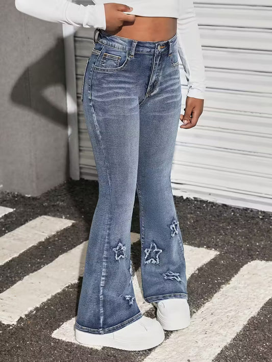 Girls' Y2K Blue Flare Jeans with Star Pattern
