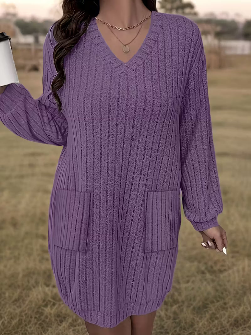Plus Size Women'S Elegant V-Neck Long Sleeve Dress with Pockets