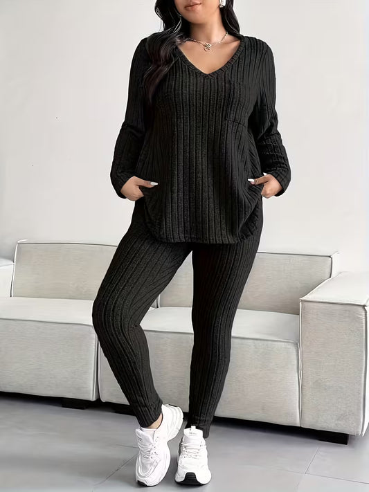 Plus-Size Casual Textured Striped V-Neck Top And Pants Set