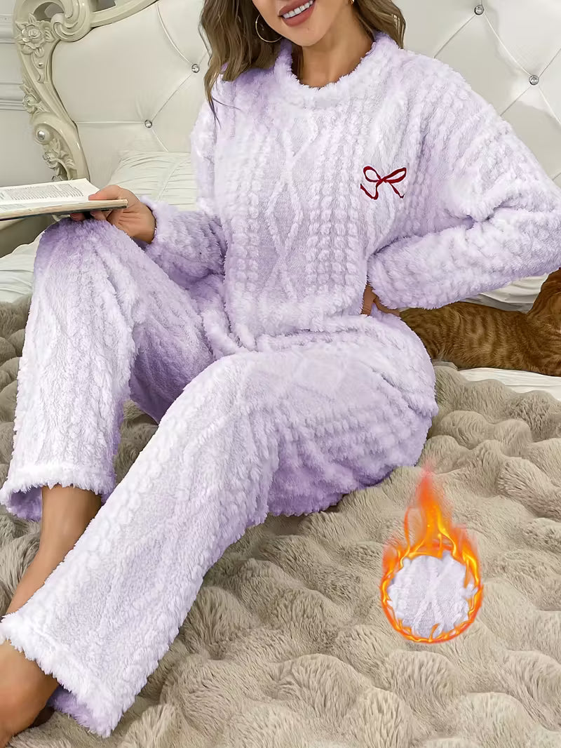 Fleece Jacquard Embroidered Bow Warm Cute Long Sleeve and Trousers Loungewear