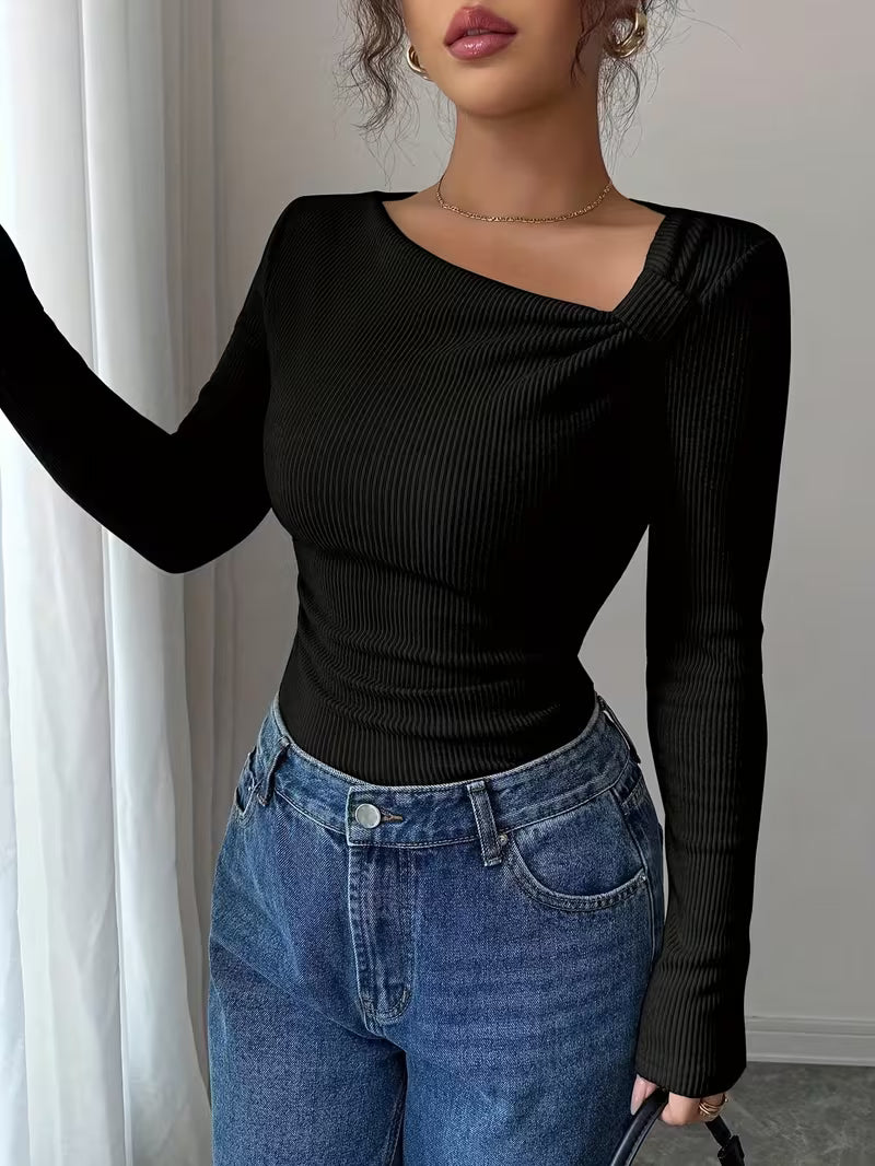 Solid Color Ribbed Twill Long Sleeve T-Shirt