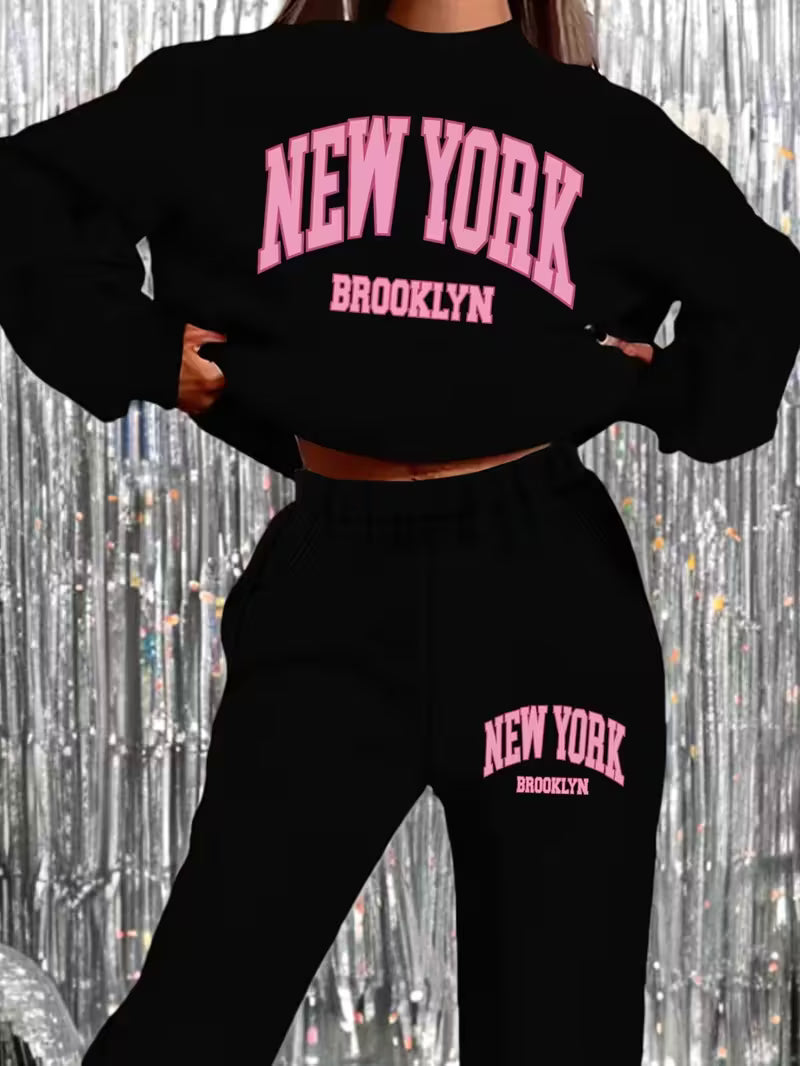 Women's Autumn and Winter Printed Long Sleeve Sweatshirt and Joggers Set